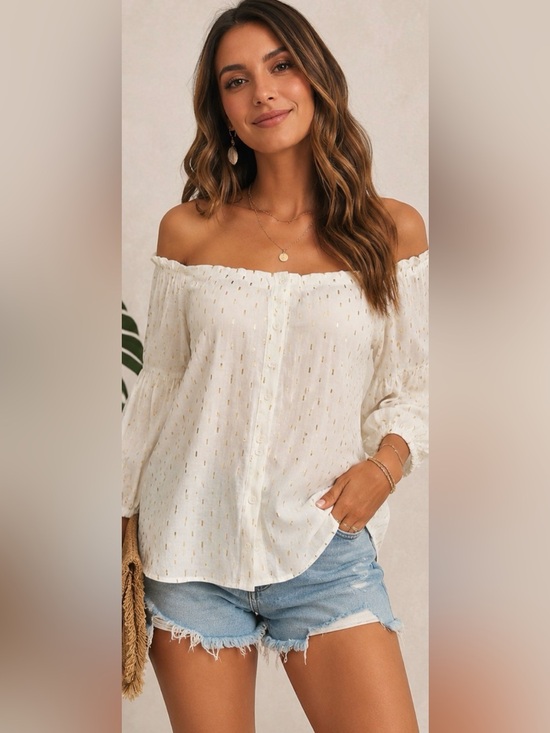 Lucky Brand Tops - LUCKY BRAND NWT IVORY GOLD METALLIC OFF SHOULDER PEASANT BLOUSE SIZE S BOHO